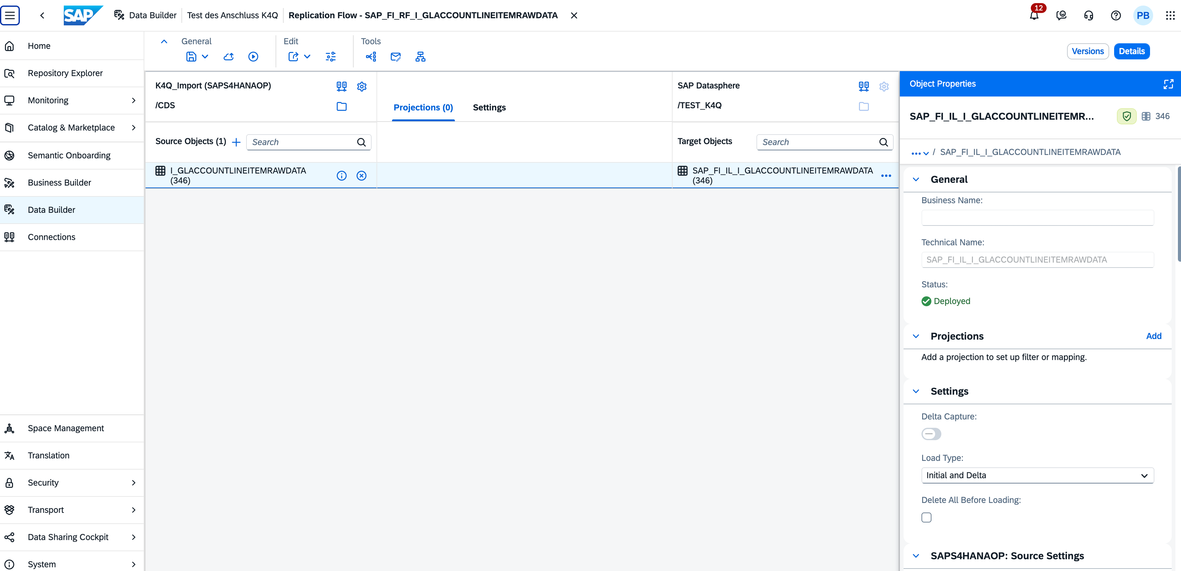 The deployed replication flow open in Datasphere's Data Builder — source I_GLACCOUNTLINEITEMRAWDATA on the left, local target table on the right, mapping panel showing 346 columns.